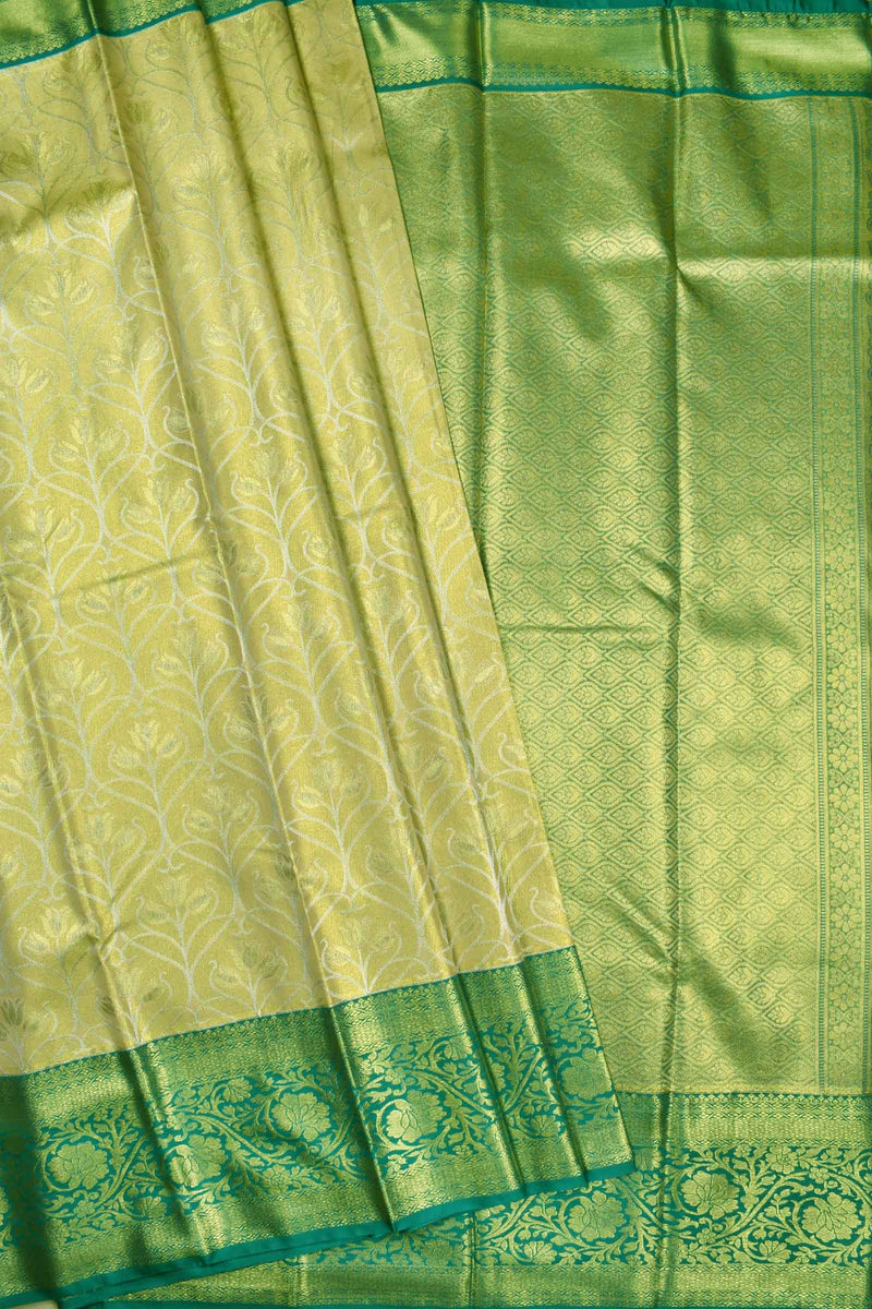 Yellow Gold Semi Silk Floral Jaal Design Contrast Border Bridal Tissue Saree