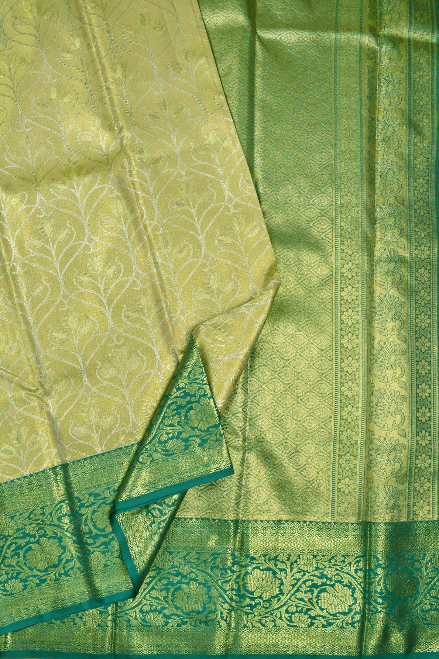 Yellow Gold Semi Silk Floral Jaal Design Contrast Border Bridal Tissue Saree