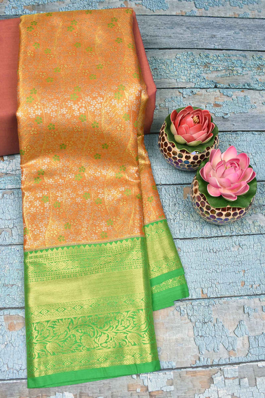 Orange Semi Silk Green Flowers Contrast Green Border Bridal Tissue Saree