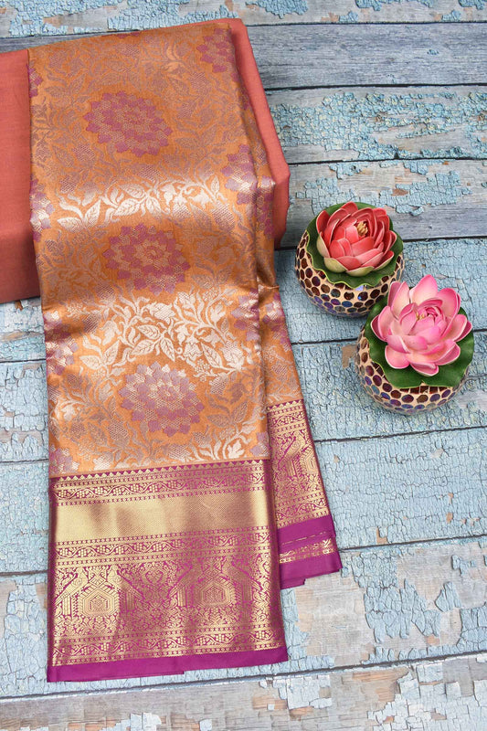 Light Orange Semi Silk Fancy Florals Contrast Pink Border Bridal Tissue Saree