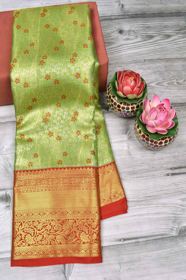 Light Green Semi Silk All Over Red Flowers Design Contrast Border Bridal Tissue Saree