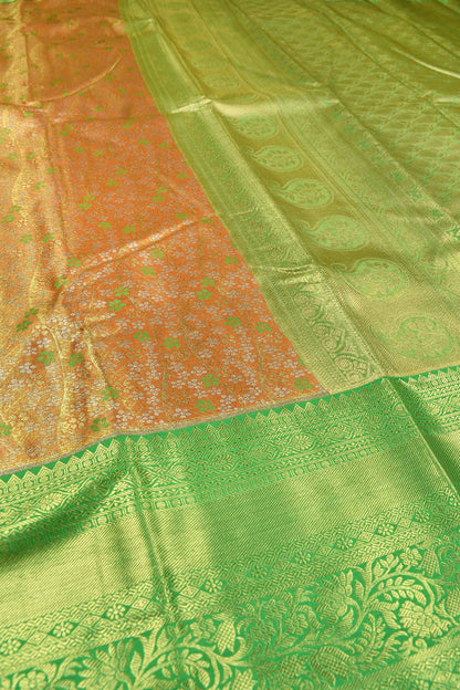 Orange Semi Silk Green Flowers Contrast Green Border Bridal Tissue Saree