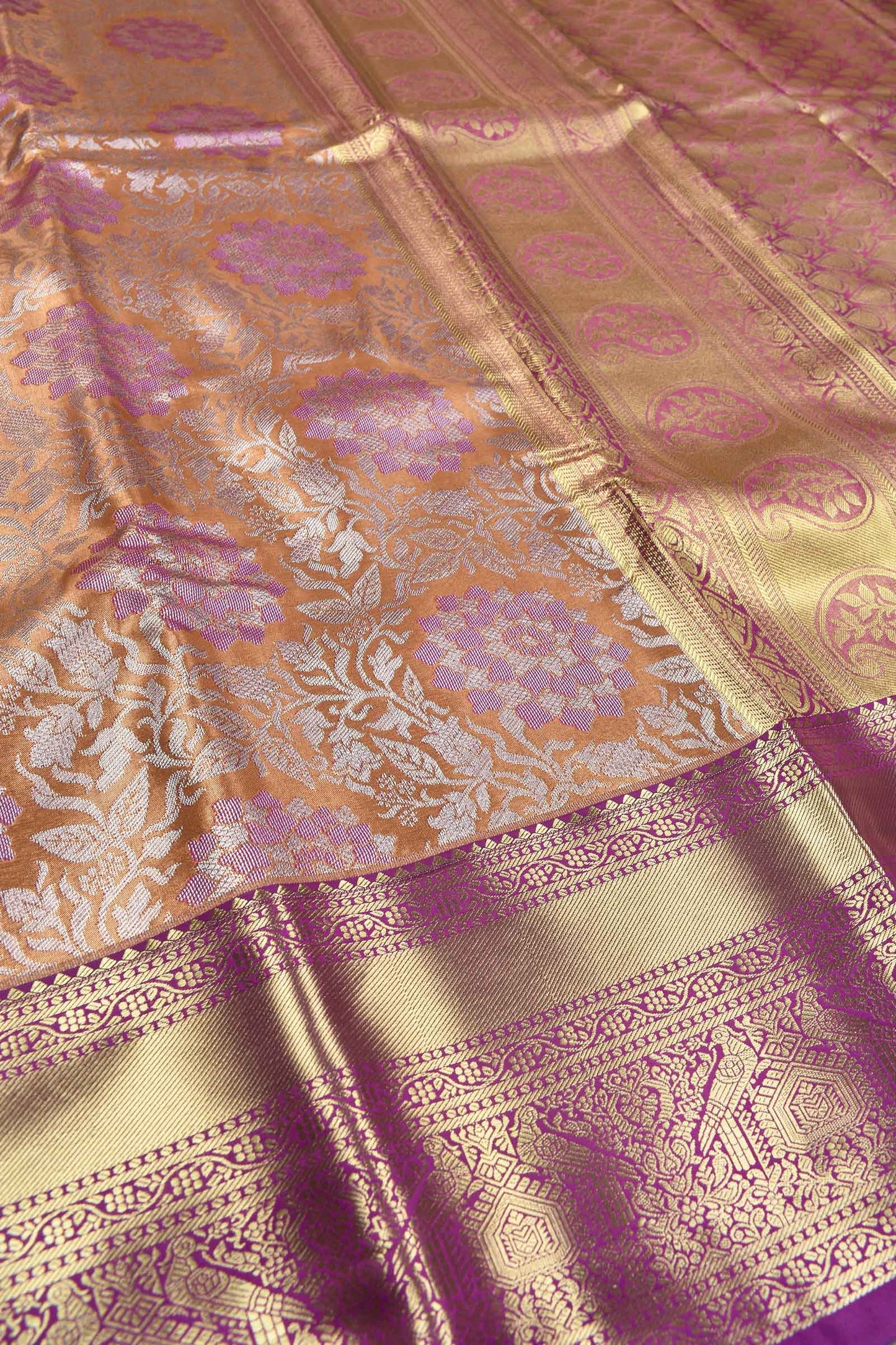 Light Orange Semi Silk Fancy Florals Contrast Pink Border Bridal Tissue Saree