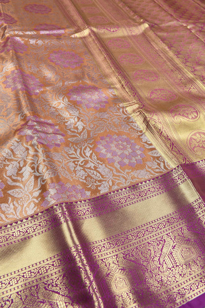 Light Orange Semi Silk Fancy Florals Contrast Pink Border Bridal Tissue Saree