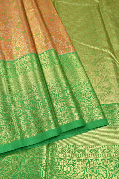 Orange Semi Silk Green Flowers Contrast Green Border Bridal Tissue Saree