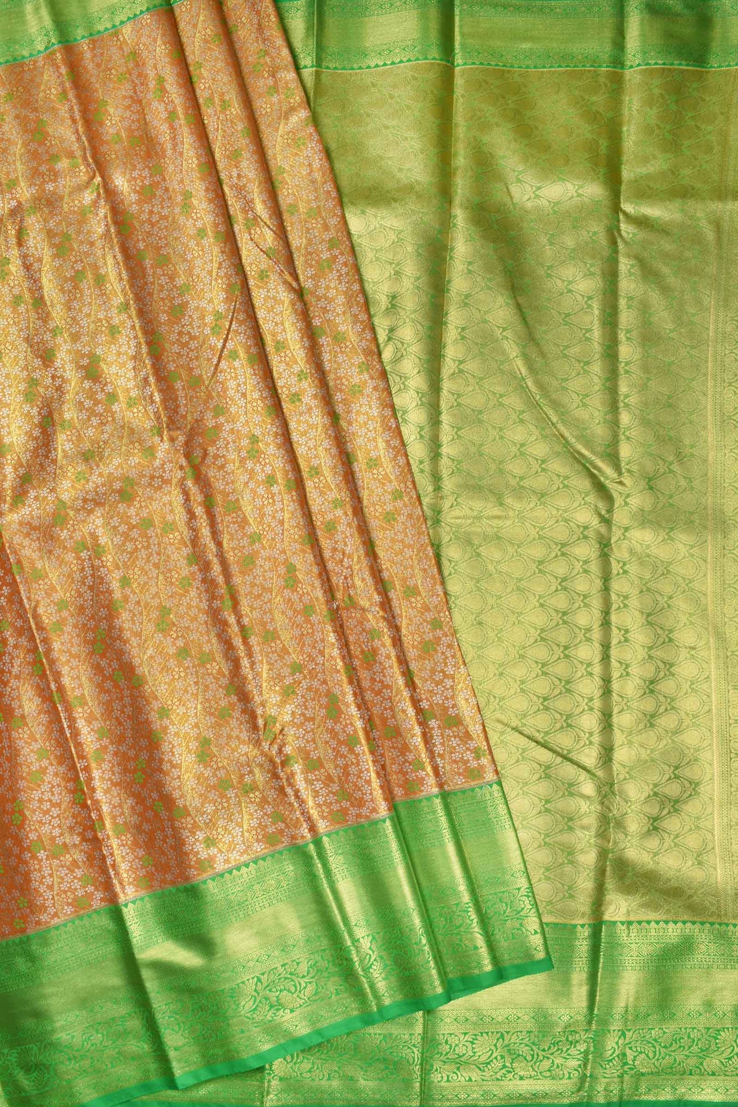 Orange Semi Silk Green Flowers Contrast Green Border Bridal Tissue Saree