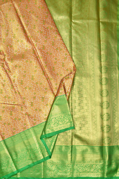 Orange Semi Silk Green Flowers Contrast Green Border Bridal Tissue Saree