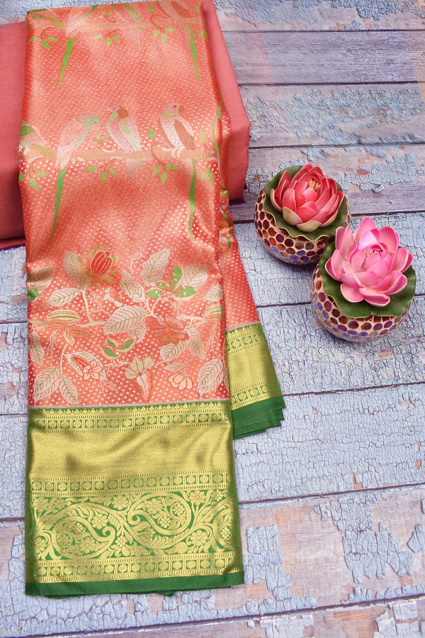 Peach Semi Silk Parrot Design Contrast Green Border Bridal Tissue Saree