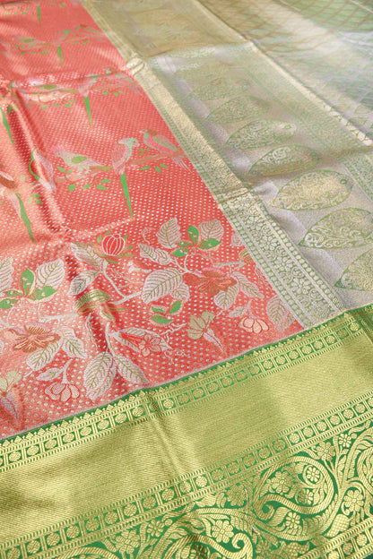 Peach Semi Silk Parrot Design Contrast Green Border Bridal Tissue Saree