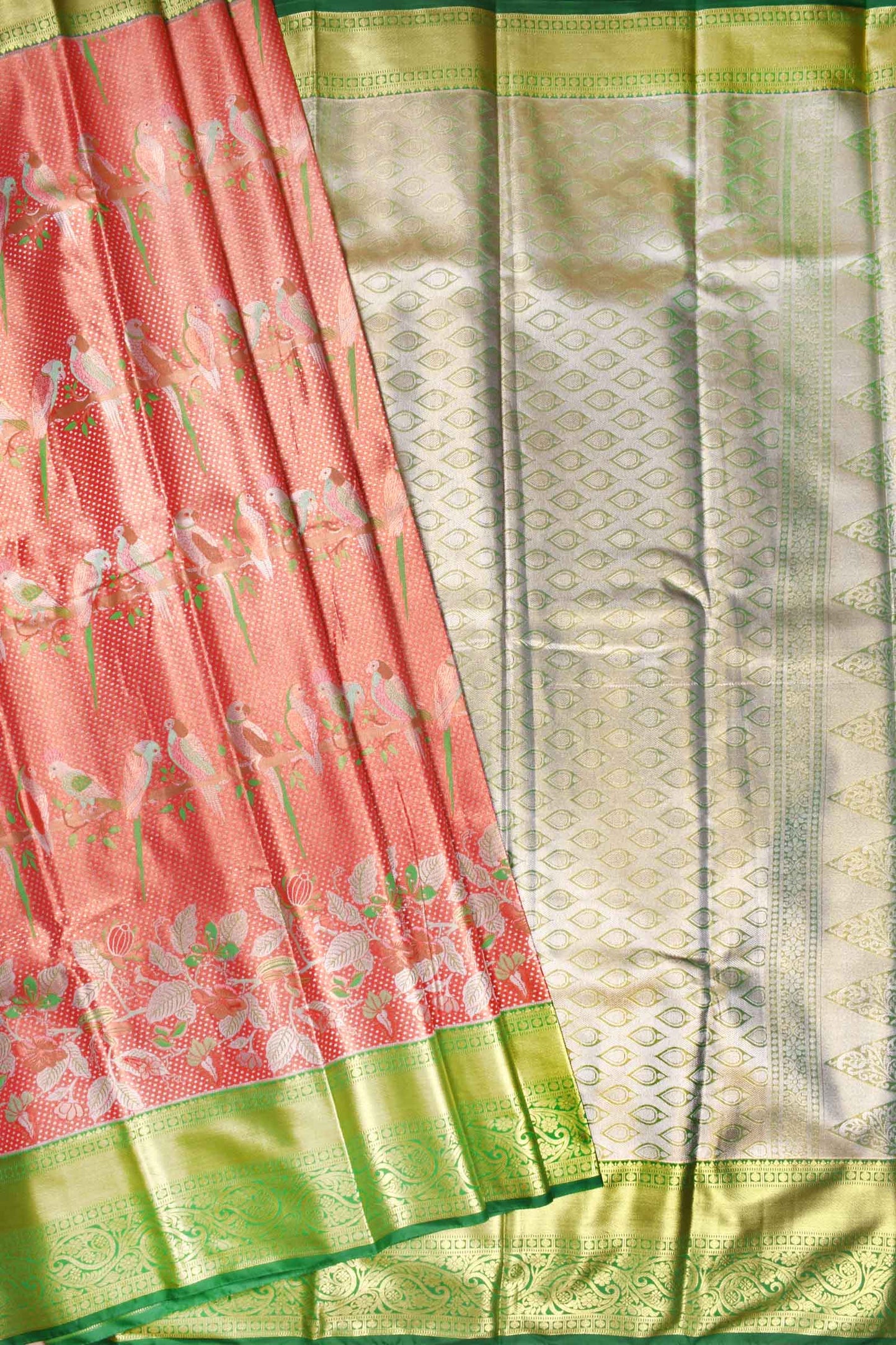 Peach Semi Silk Parrot Design Contrast Green Border Bridal Tissue Saree