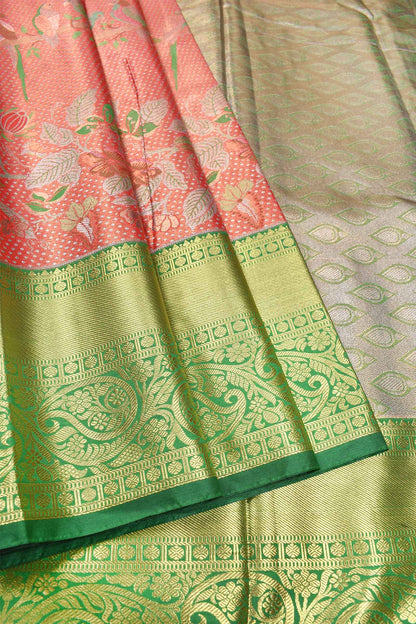 Peach Semi Silk Parrot Design Contrast Green Border Bridal Tissue Saree