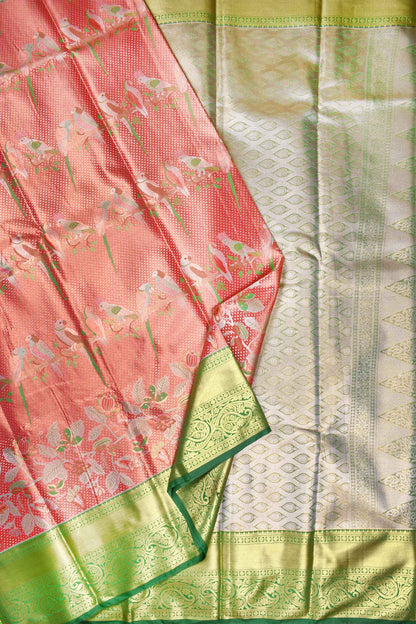 Peach Semi Silk Parrot Design Contrast Green Border Bridal Tissue Saree