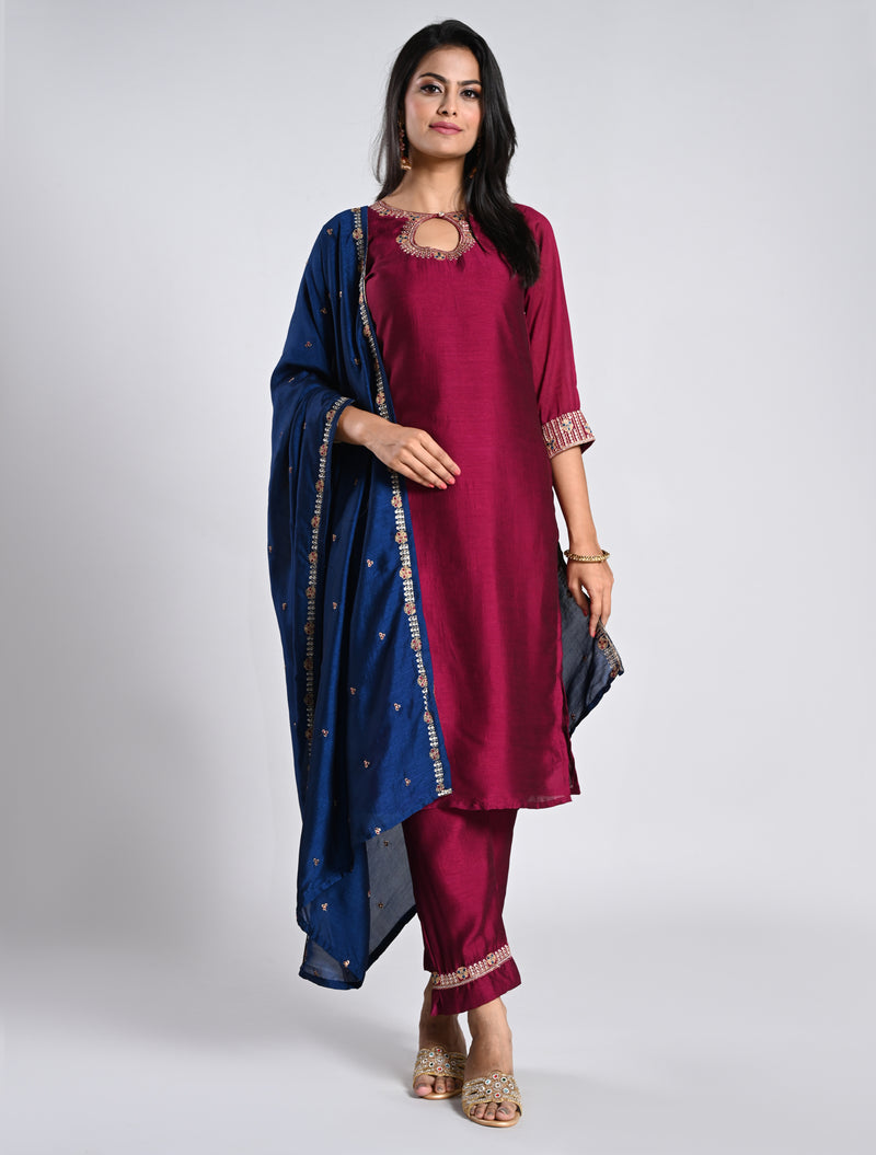 Vibrant Purple Straight Cut Kurti Set with Contrast Blue Dupatta