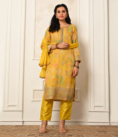 Printed Yellow Crepe Straight Cut Set with Dupatta