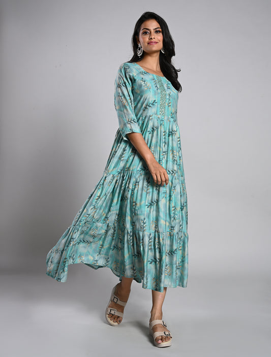 Leaf Printed Blue Layered Kurti