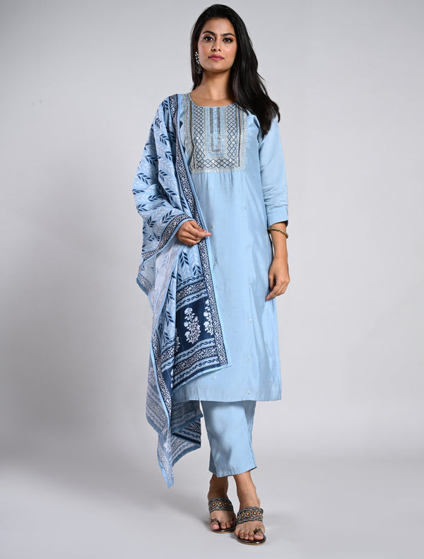 Powder Blue Straight Cut Set with Printed Dupatta