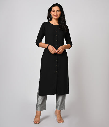 Solid Black Daily Wear Kurti with Buttons