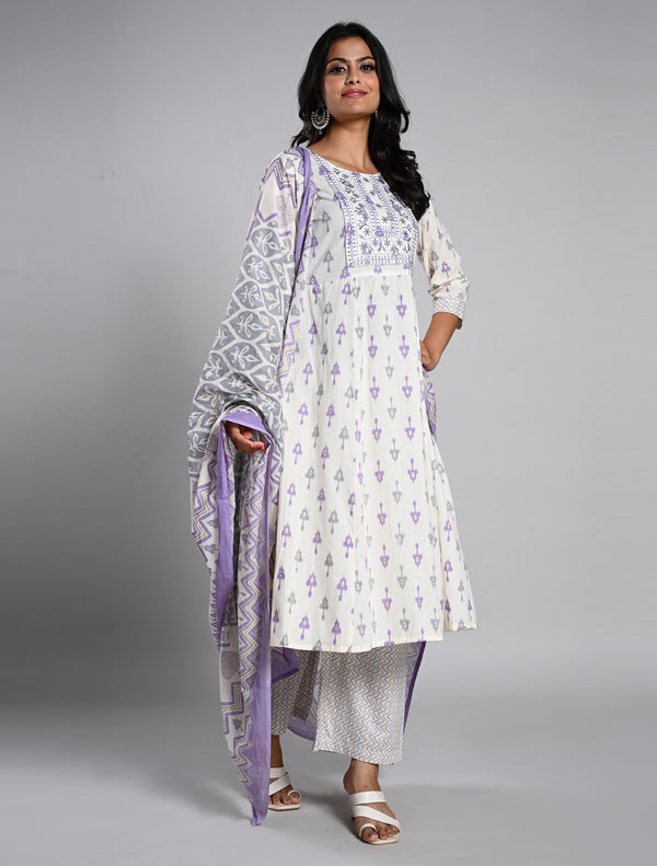 Elegant White Jaipur Cotton Printed Kurti Set with Dupatta