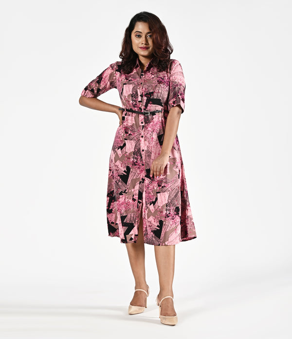 Pink Printed Collar Neck Kurti with Belt