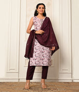 Geometric Print Straight Cut Set with Contrast Dupatta