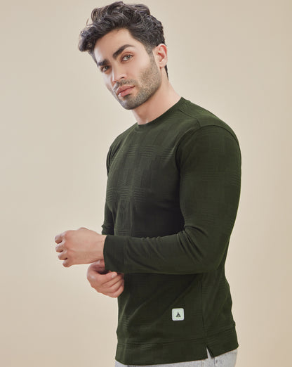 Olive Green Full-Sleeve T-Shirt with Patch Stripes