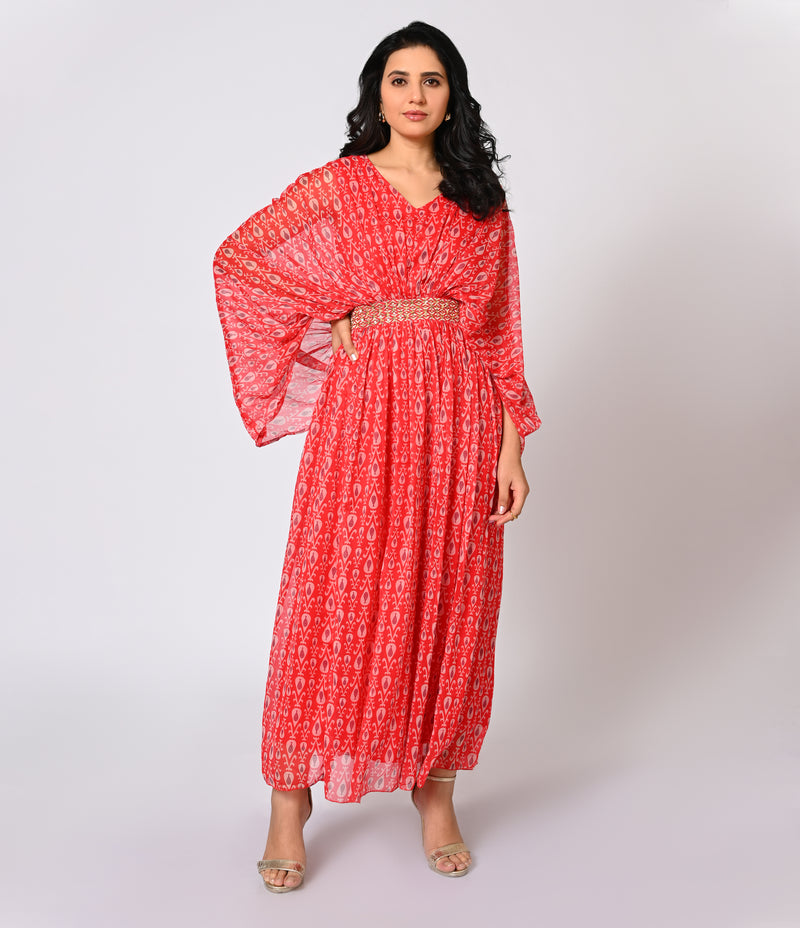 Vibrant Red Floral Printed Georgette Gown with Statement Sleeve