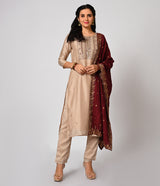 Beige Straight Cut Set with Contrast Silk Dupatta