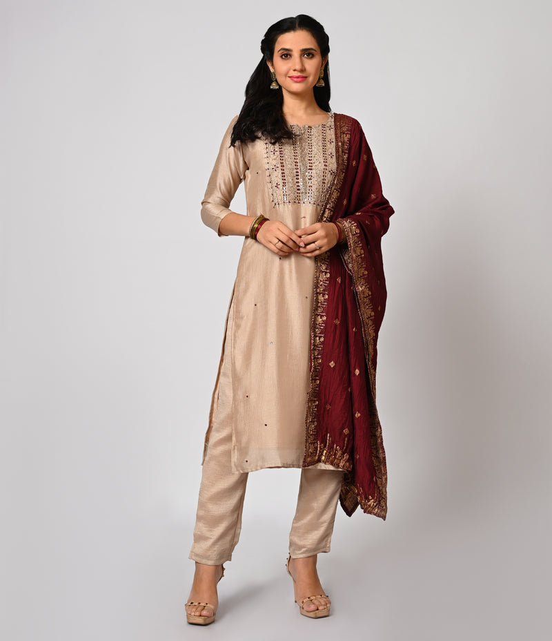 Beige Straight Cut Set with Contrast Silk Dupatta