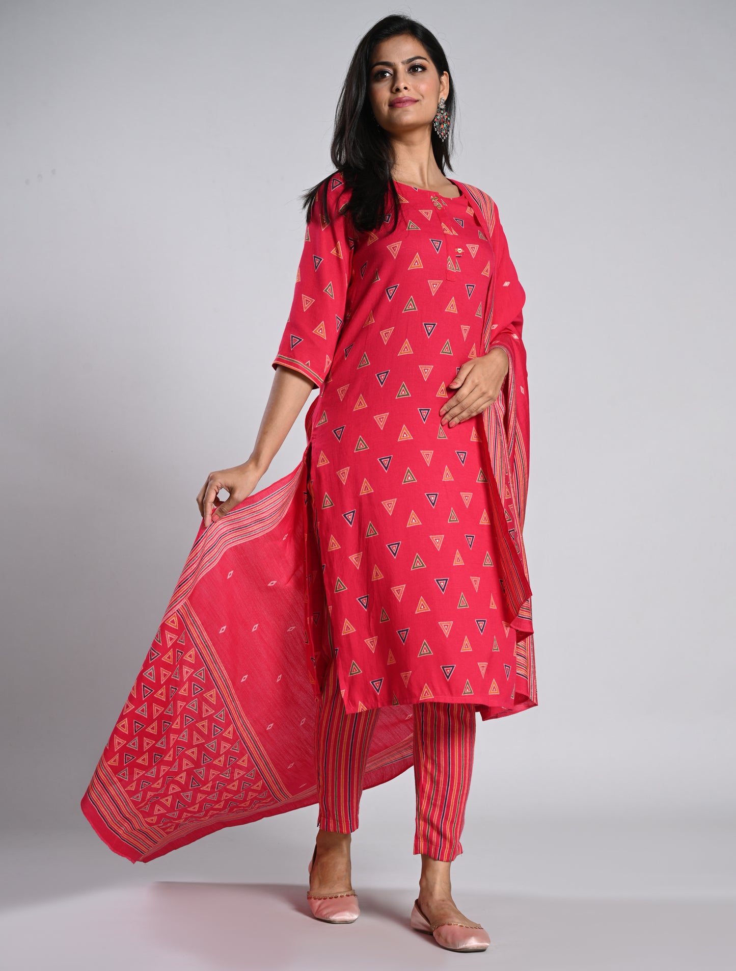 Rani Pink Geometric Printed Kurti Set