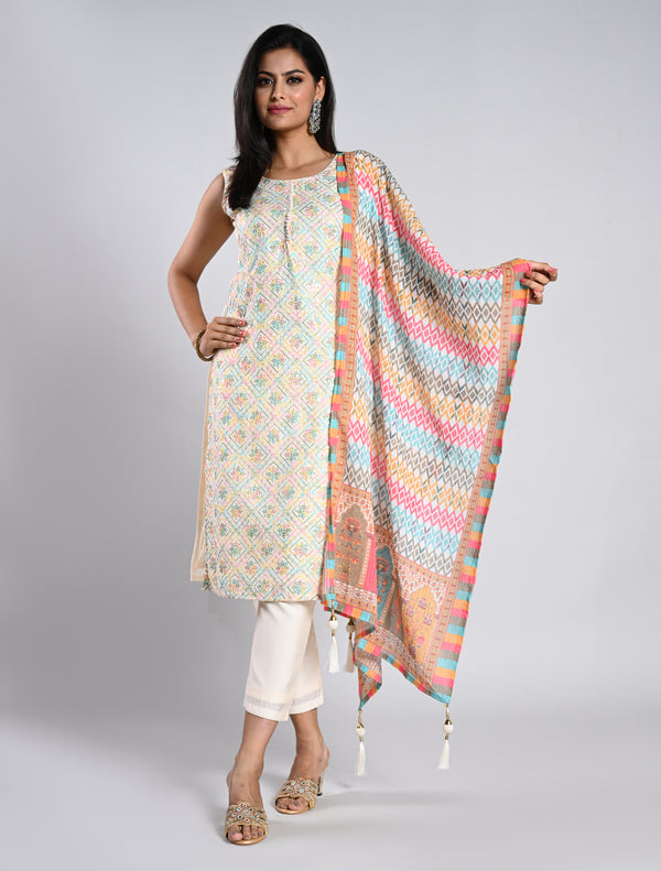 Elegant White Straight Cut kurti Set with Multicolored Dupatta