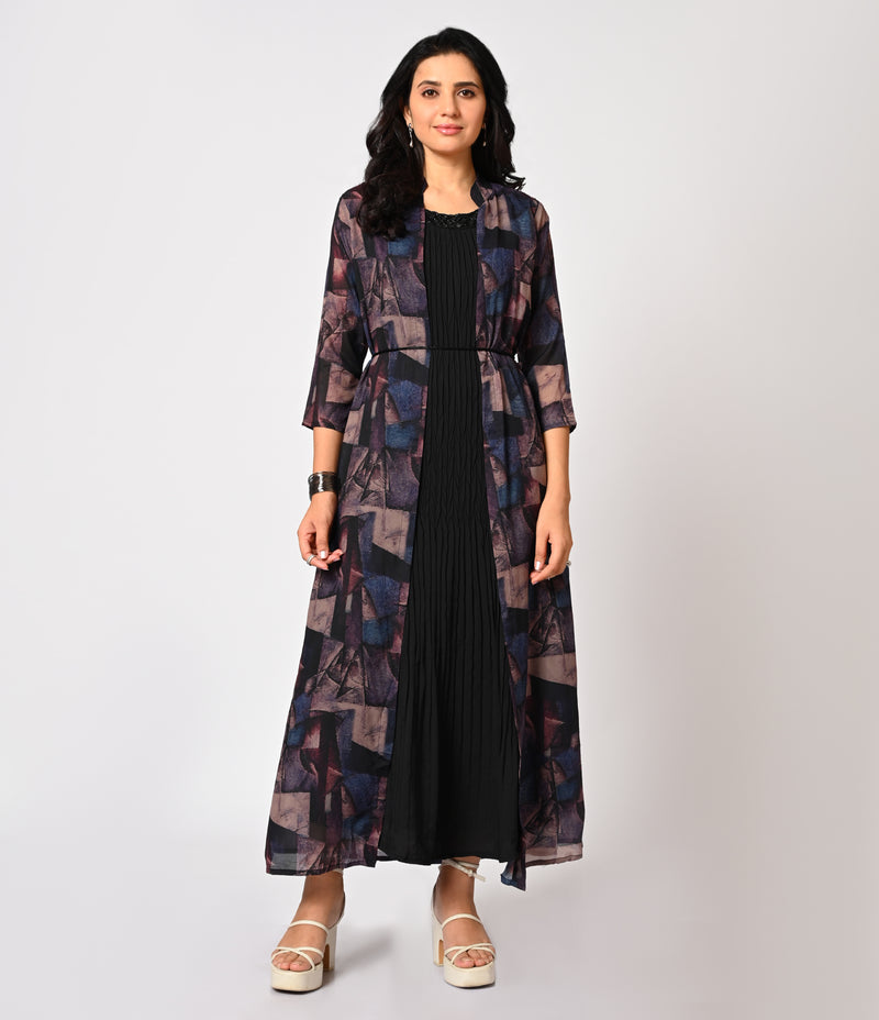 Black Western Gown with Digital Print Overcoat