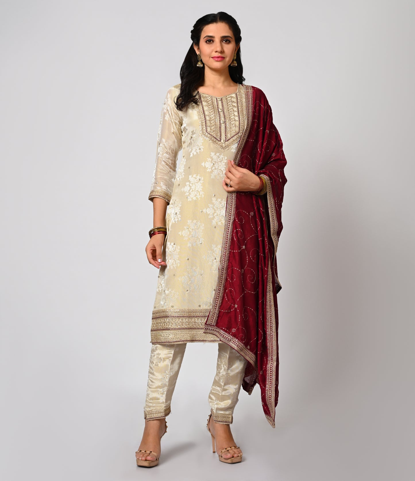 Elegant Half White Jacquard Straight Cut Set with Contrast Dupatta