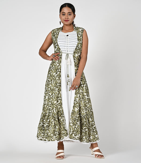 Green and White Long Kurti with Jacket