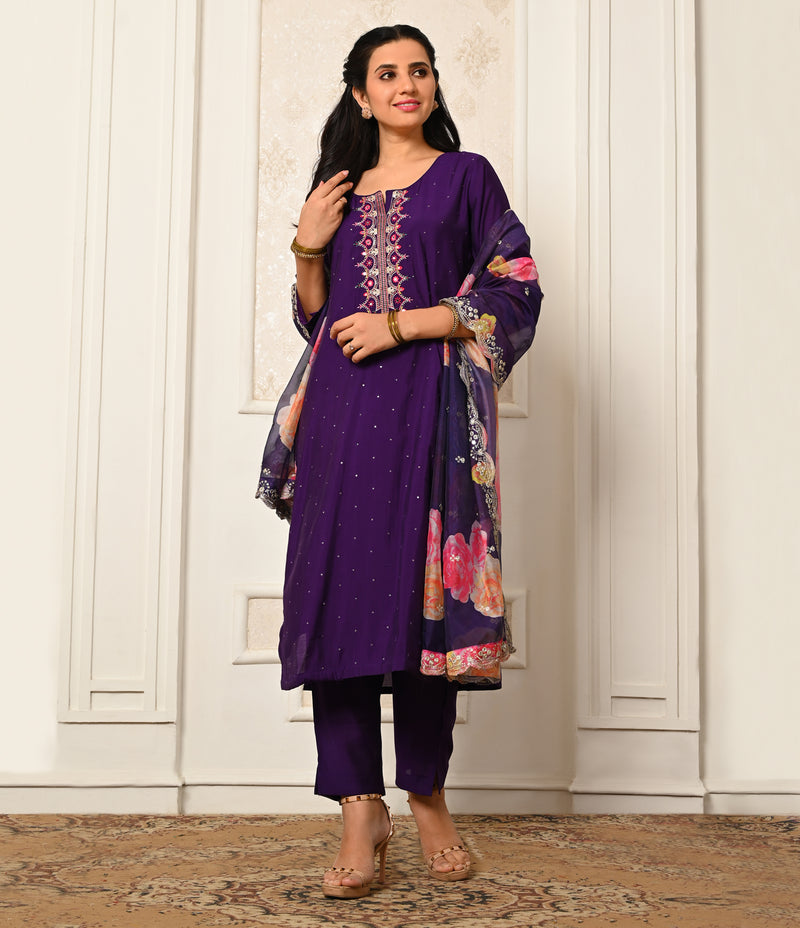 Elegant Violet Straight Cut Set with Organza Dupatta