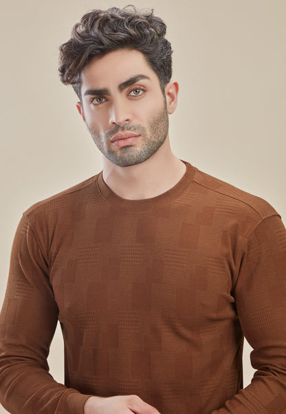 Earthy Brown Full-Sleeve T-Shirt with Patch Stripes