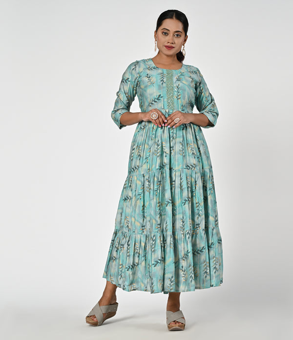 Leaf Printed Blue Layered Kurti