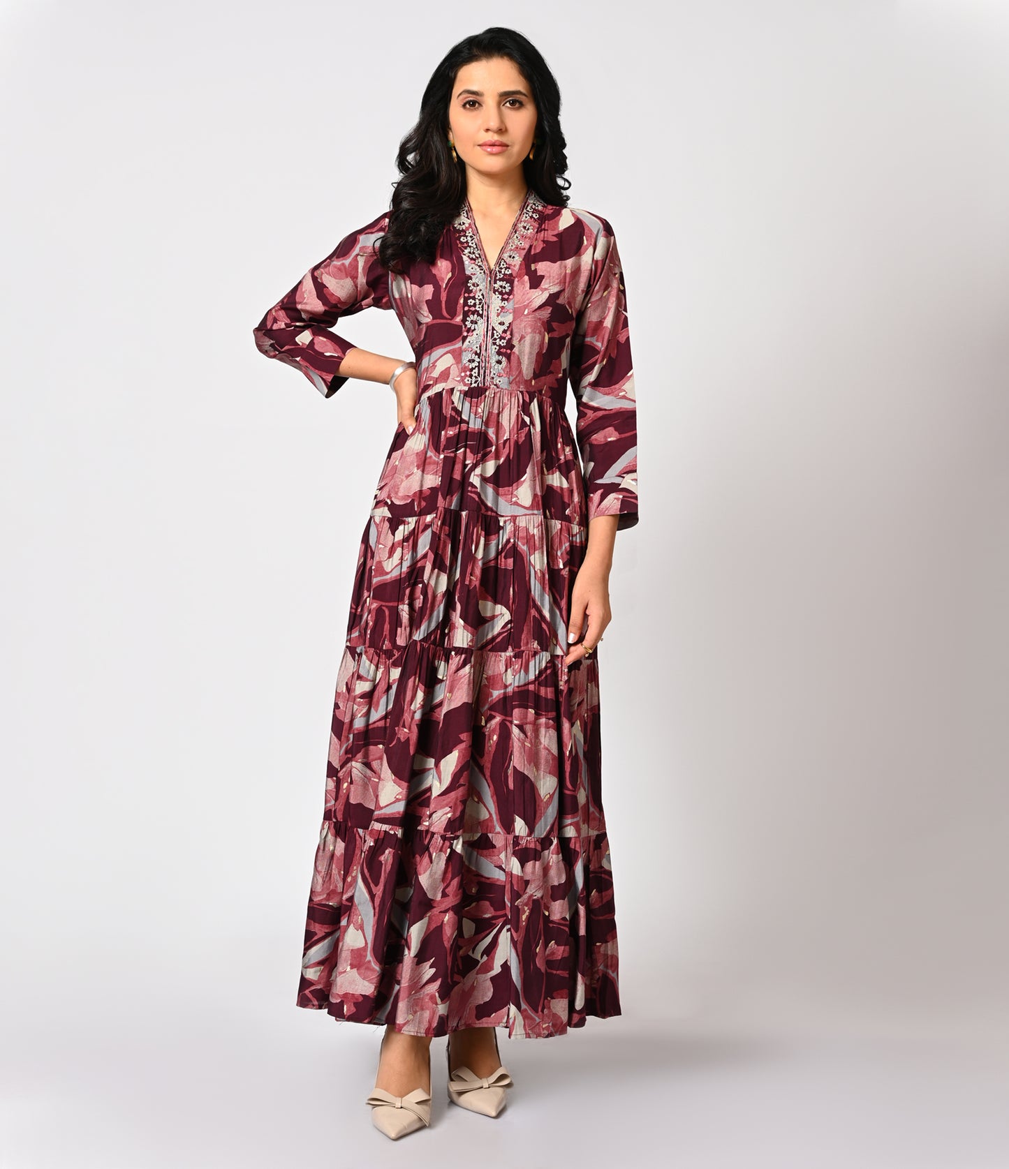 Layered Floral Printed Long Kurti with V Neck