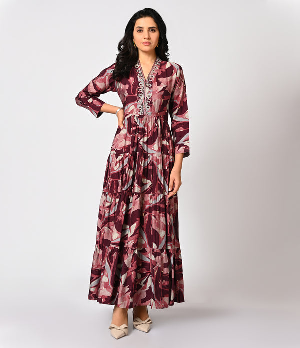 Layered Floral Printed Long Kurti with V Neck