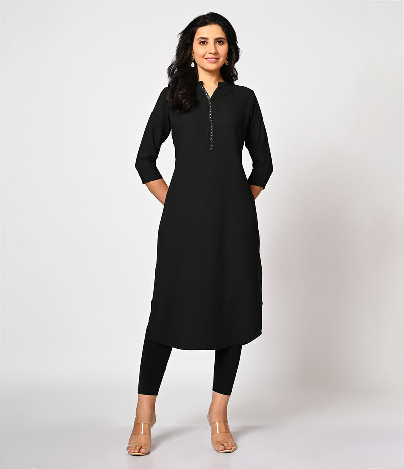 Solid Black Daily Wear Kurti with Mild Stone Work