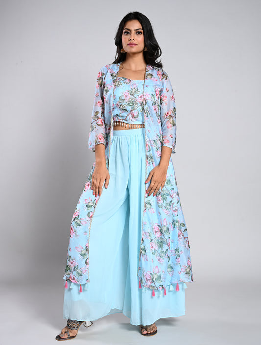 Elegant Blue Crop Top Palazzo Set with Long Jacket