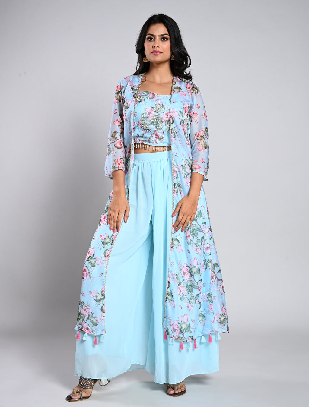 Kurti Crop Top Plazo With Long Jacket Palazzo Pants Kurti Plazo