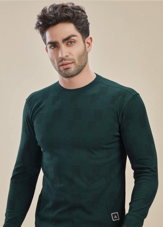 Classic Green Full-Sleeve T-Shirt with Patch Stripes