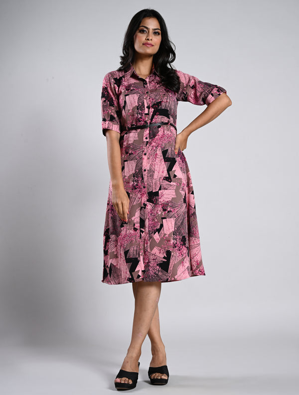 Pink Printed Collar Neck Kurti with Belt