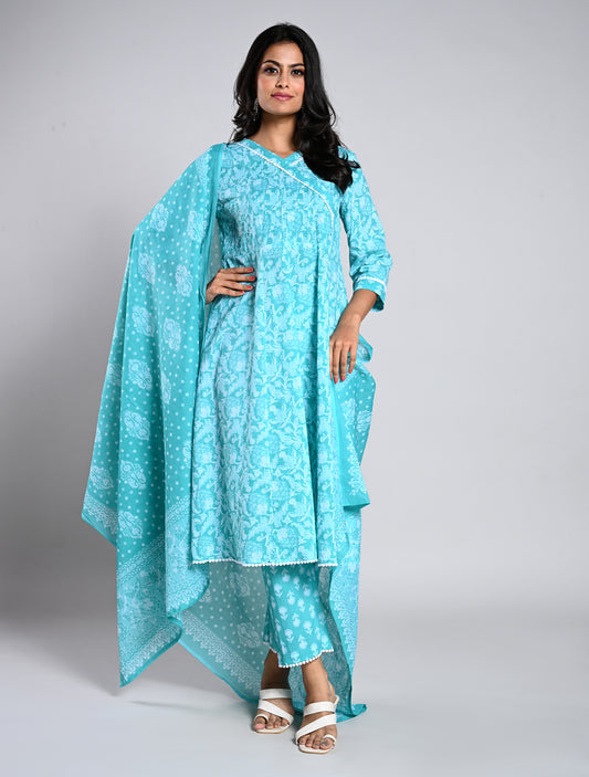 Turquoise Blue Anarkali Cotton Kurti Set with Dupatta