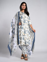 Tightly Floral Printed White Kurti Set with Dupatta