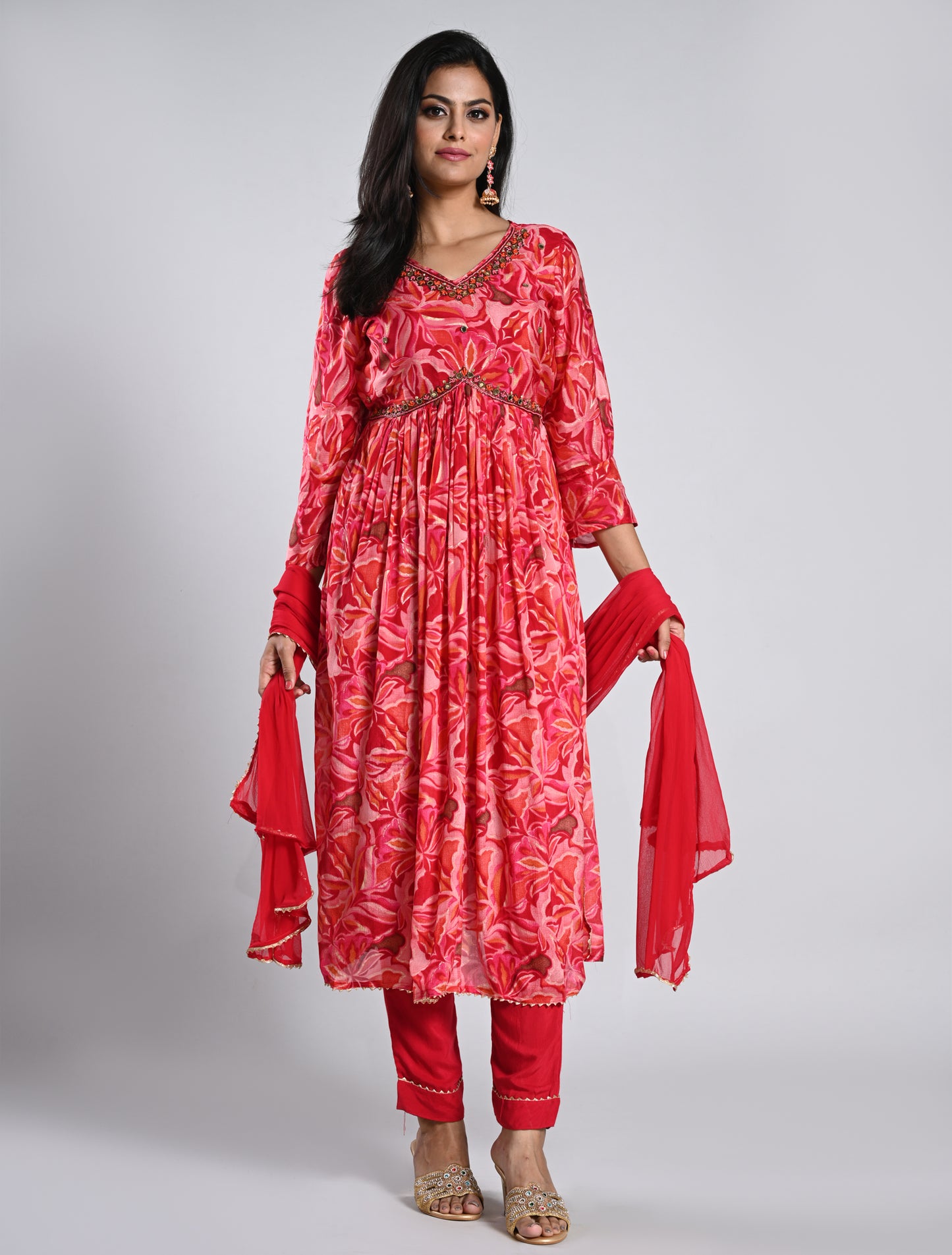 Pink Printed Alia Cut Kurti Set