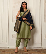 Dusty Green Straight Cut Set with Contrast Navy Blue Dupatta