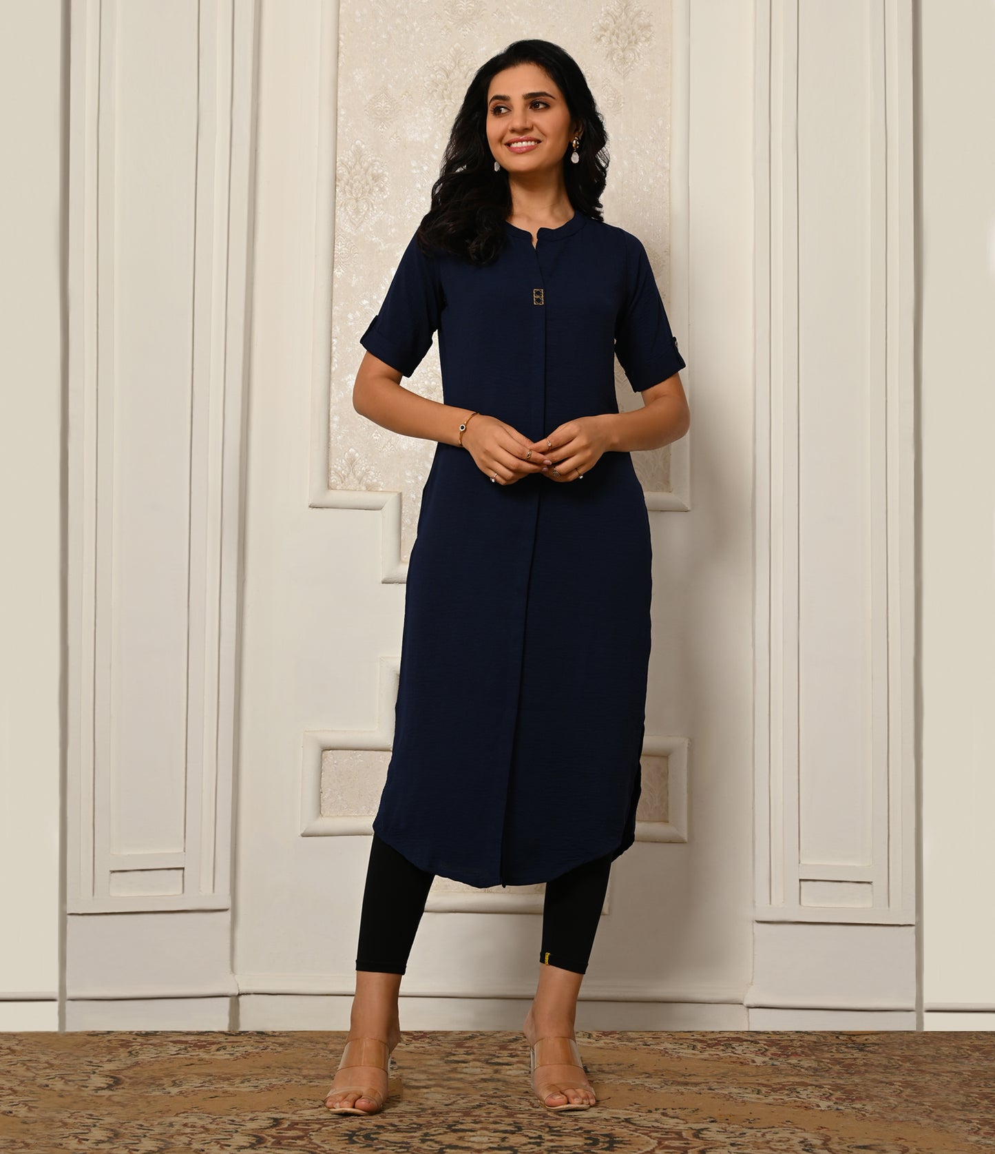 Solid Blue Crushed Fabric Kurti