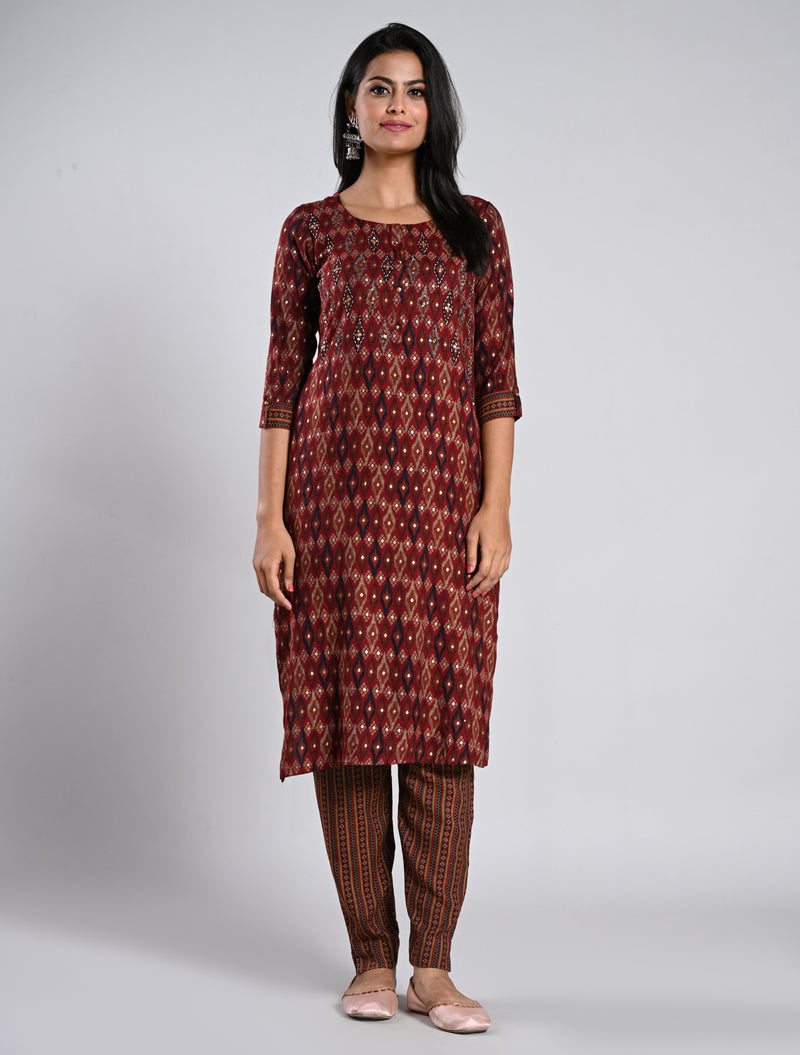 Maroon Printed Rayon Kurti Set