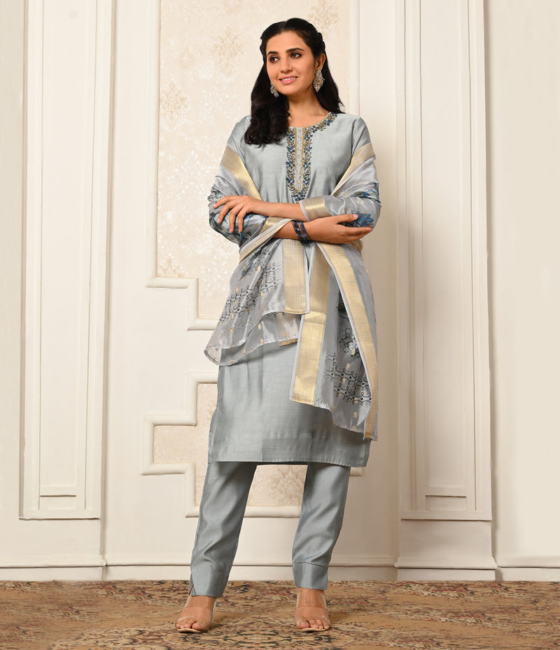 Elegant Grey Straight Cut Set with Contrast Printed Dupatta